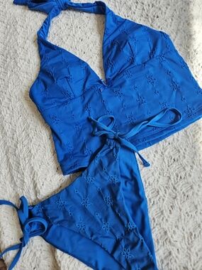 Halter Tankini Swim Set with Embroidered Detail